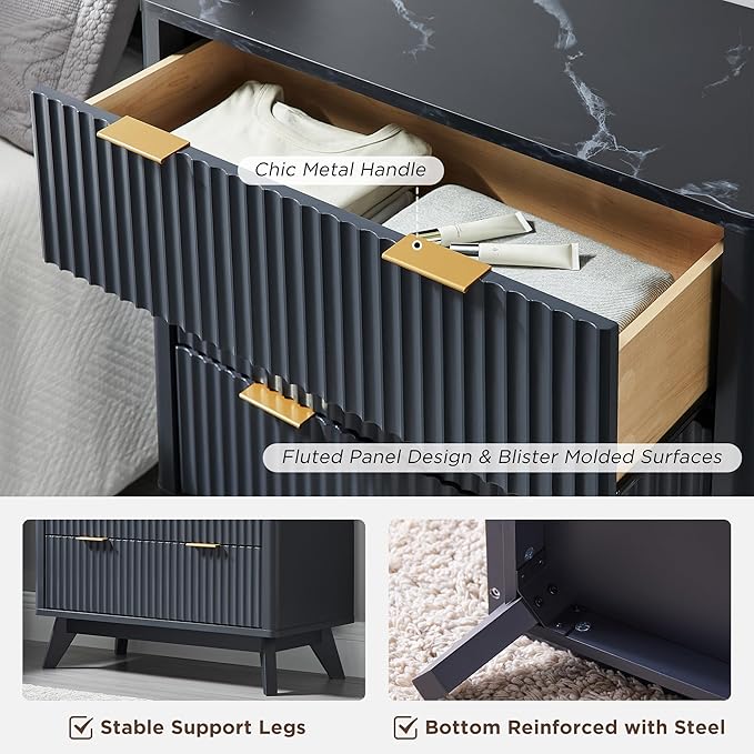 T4TREAM Fluted 3 Drawer Dresser, 32" Tall Modern Chest of Drawers with Faux Marble Top, Curved Profile Design, Wood Drawer Organizer for Bedroom, Living Room, Hallway, Entryway, Dark Grey