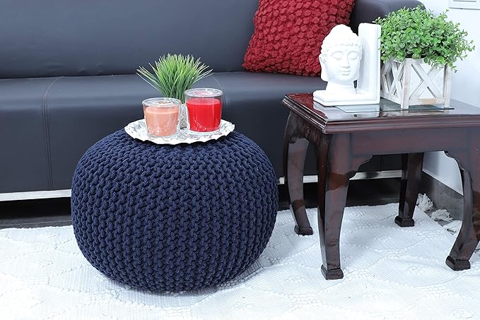 FRELISH DECOR Round Pouf Ottoman Hand Knitted 100% Cotton Pouf Foot Stool - Knitted Bean Bag - Floor Chair for Living Room Bedroom - Foot Rest for Couch (20 Diameter x 14 Height) - Navy