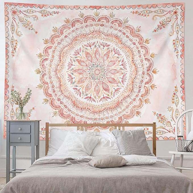 Fowocu Boho Floral Mandala Tapestry Wall Hanging Pink Bohemian Flower Medallion Tapestry Aesthetic Watercolor Hippie Indian Large Tapestries for Bedroom Living Room Dorm Decor 80 x 60 Inch