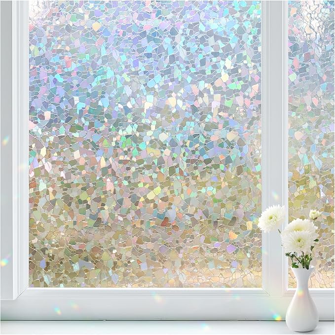 Haton Window Privacy Film, Rainbow Stained Glass Window Clings, 3D Decorative UV Sun Blocking Sticker, Removable Static Cling Heat Control Tint for Home Door, 35.4" x 78.7" Non-Adhesive