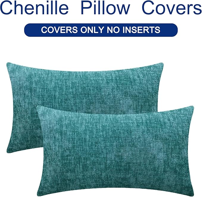 CaliTime Throw Pillow Covers Decorative 12 X 20 Inches Pack of 2 Cozy Chenille Cushion Cases for Couch Sofa Bed Living Room Home Teal