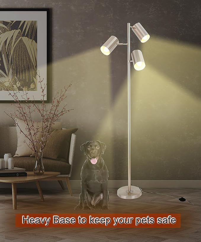 Tree Floor Lamp with 3 Light Bulbs,Nickel Standing Tall Pole Lamp with 3 Adjustable Rotating Lights,Farmhouse Floor Lamp for Living Room Bedroom Office,Vintage Standing Lamp 9W E26 LED Bulbs Included.