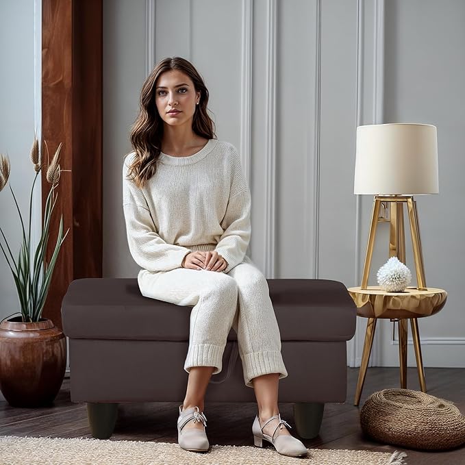 Ottoman Rectangular Storage Ottoman Bench, Flannel Footrest Stool Footstool with Lid for Living Room, Bedroom, Entryway, Dark Coffee, 28.5"x19"x17.5"