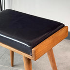 Walnut Ottoman Stool for Living Room | Upholstered in Faux Black Leather Fabric | Versatile as a Piano Bench | Ideal Bedroom Bench | Functional Footstool Bench