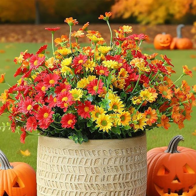 Fake Mums Artificial Flowers – 12 Bundles Fall Flowers for Outdoor Orange Display, Faux Chrysanthemums UV Resistant Silk Plants for Porch, Patio, Garden, Thanksgiving Decor (Red 5, Orange 5, Yellow 2)