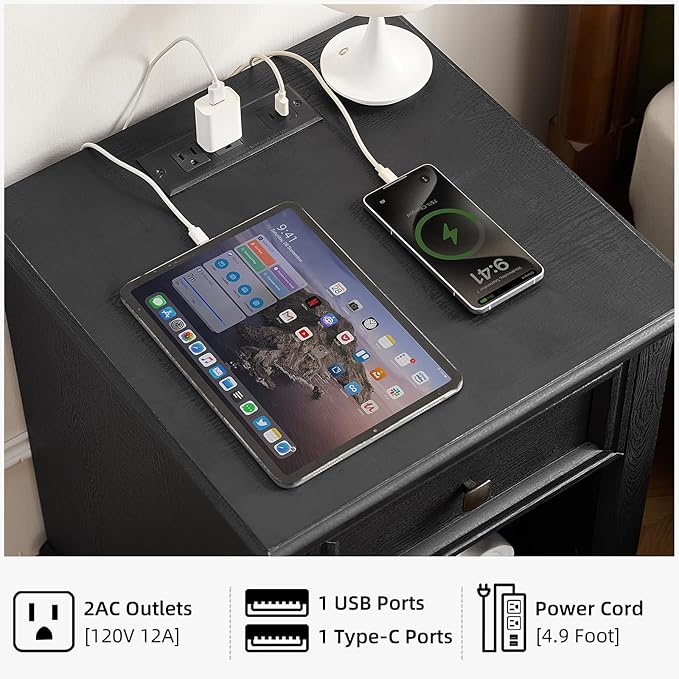 Farmhouse Side Table Set of 2 with Charging Station, Rustic Wood End Table with Drawer, Small Nightstands with Open Shelf for Bedroom, End Tables for Living Room, Black