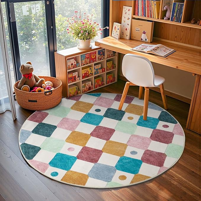 jinchan Round Rug 4ft Kids Washable Rug Indoor Floor Cover Non-Slip Soft Modern Elementary School Classroom Colorful Diamond Carpet for Nursery Daycare Bedroom Playroom Living Room Confetti on Cream