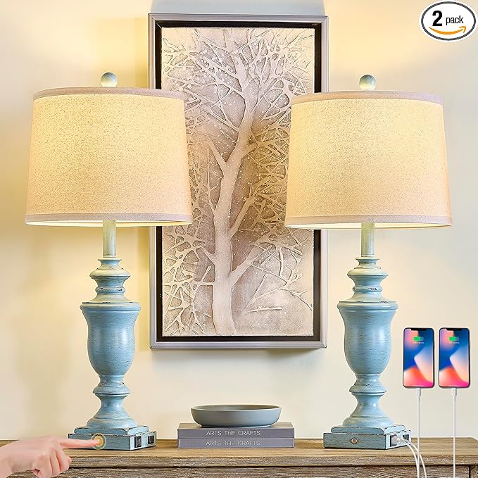 27.5" Set of 2 Farmhouse Table Lamps for Bedroom, 3 Way Dimmable Bedside Lamp with 2 USB +AC Outlet Nightstand Lamps for Living Room Resin Rustic Touch Lamps(Antique Blue)