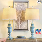 27.5" Set of 2 Farmhouse Table Lamps for Bedroom, 3 Way Dimmable Bedside Lamp with 2 USB +AC Outlet Nightstand Lamps for Living Room Resin Rustic Touch Lamps(Antique Blue)