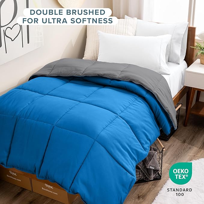 Bare Home Comforter - Twin/Twin Extra Long - Reversible Colors - Goose Down Alternative - Ultra-Soft - Premium 1800 Series - All Season Warmth - Bedding Comforter (Twin/Twin XL, Grey/Medium Blue)