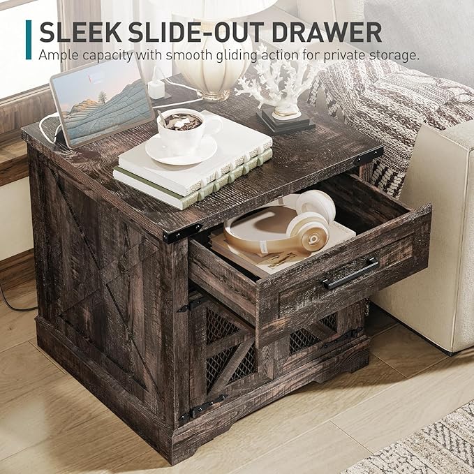 Farmhouse End Table Set of 2, 24" Large Sofa Side Table with Drawer, Large End Table for Living Room, Wooden Nightstand with Charging Station, Square, Dark Rustic Oak