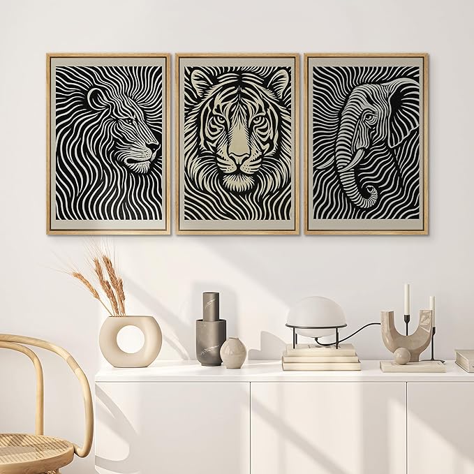 SIGNWIN Framed Canvas Print Wall Art Safari Animal Portrait Lion, Tiger, and Elephant Photography Modern Art Minimalist Black and White for Living Room, Bedroom, Office - 24"x36"x3 Natural