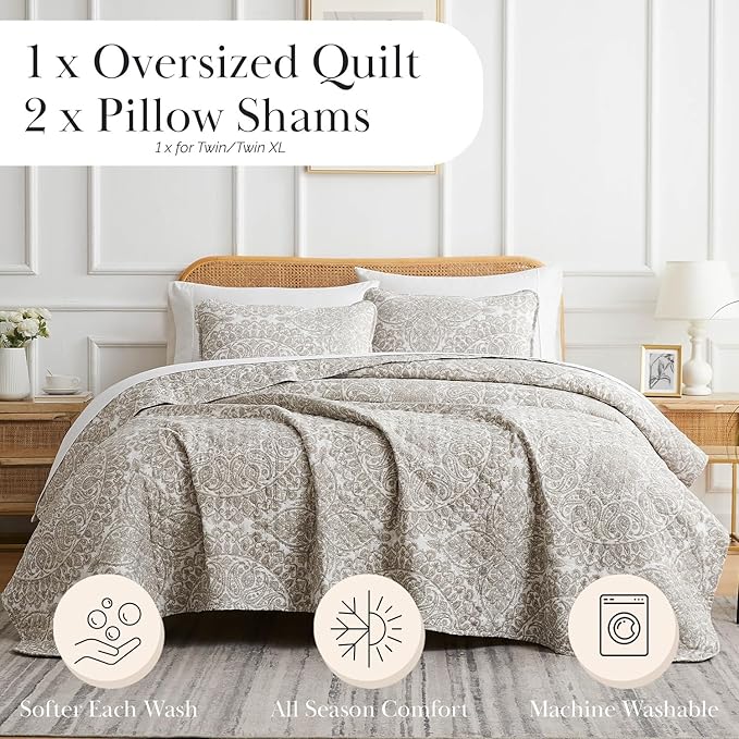 Southshore Fine Living, Inc. Ashanti Collection Oversized Queen Quilt Bedding Set, Prewash Fabric, Soft Coverlet 3-Piece with Two Matching Pillow Shams (98 in Wide x 98 in Long), Full/Queen, Bone