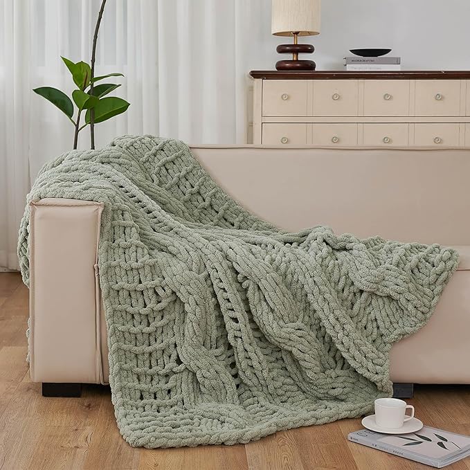 Esterra Chunky Knit Blanket Throw 50"x60", 100% Hand Knitted Chenille Throw Blanket, Cozy Soft Thick Cable Knit Throw Large Rope Knot Crochet Throw Blanket for Sofa Couch Bed, Sage Green