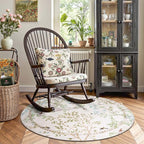 jinchan Round Rugs 4ft Ivory Botanical Birds Print Machine Washable 4' Circle Nature Plants Modern Soft Non Slip Throw Area Rugs Ultra Thin Low Pile Carpet for Entryway Bedroom Kitchen Kids Room