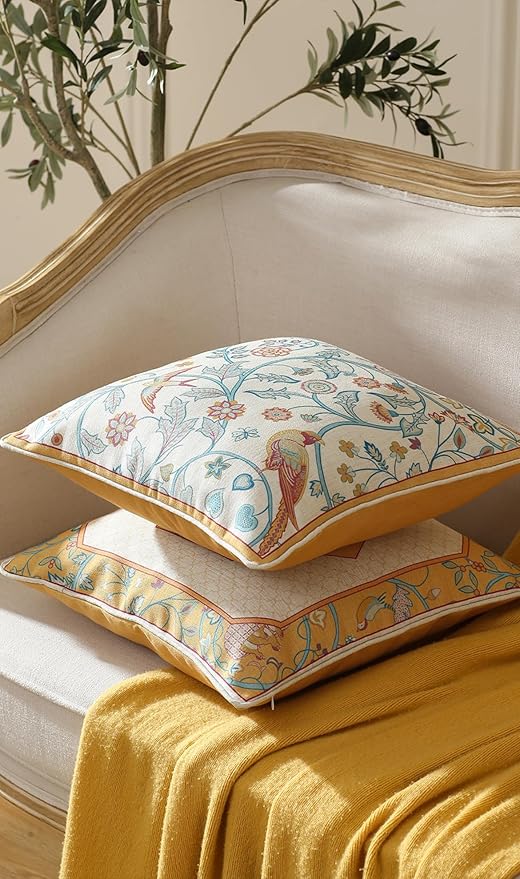 patdrea Design Yellow Linen Throw Pillow Covers Pack of 4, French Square Lumbar Round Pillowcase, Soft Durable Cushion Cases Pillowcase for Couch Bedroom Car Living Room 4 PCS