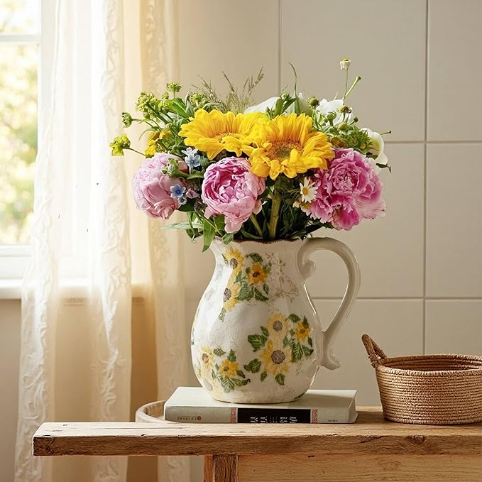 Levvohd Vintage Vase with Handle, 7.6 Inch Ceramic Pitcher Sunflower Floral Vase, Rustic Farmhouse Vases for Grandma Core Home Decor, Bookshelf Office Tuscan Decor (Large)