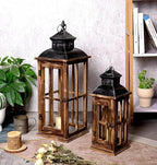 Large Farmhouse Decorative Wooden Lanterns Set of 2, Rustic Burnt Wood Floor Lanterns, Indoor/Outdoor Hurricane Lanterns for Home Decor (No Glass)