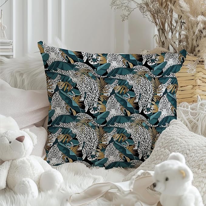 Exotic Tropical Jungle Leopard Print Pillow Covers 18x18, Cheetah Print Room Decor, Tropical Palm Leaf Cheetah Decorative Throw Pillow Covers for Home Bedroom Living Room