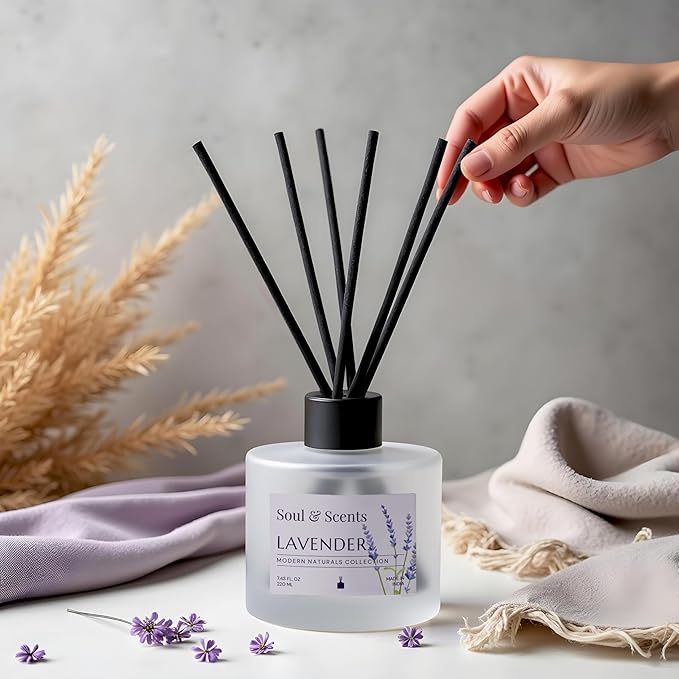 Soul & Scents Reed Diffuser Set – Lavender | 7.43 oz Refillable Scented Oil with 6 Fiber Sticks | Long-Lasting Home Fragrance & Air Freshener for Bedroom, Bathroom, Office | Gift & Décor Piece