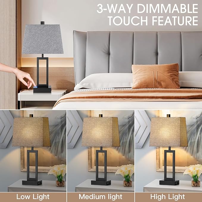 23.5" Touch Control Table Lamps Set of 2, Bedside Lamp with 2 USB Charging Ports & AC Outlet, 3-Way Dimmable Modern Nightstand Lamp for Living Room Bedroom End Table Office(2700K 2 LED Bulbs Included)