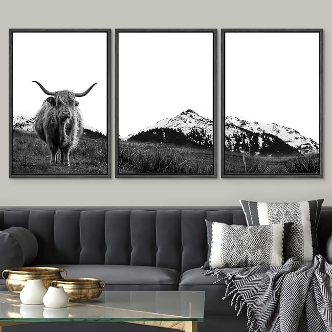 SIGNWIN 3 Piece Framed Canvas Wall Art Highland Cattle in Front of Snowy Mountain Black and White Canvas Prints Home Artwork Decoration for Living Room,Bedroom - 24"x36"x3 Panels