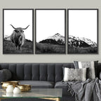 SIGNWIN 3 Piece Framed Canvas Wall Art Highland Cattle in Front of Snowy Mountain Black and White Canvas Prints Home Artwork Decoration for Living Room,Bedroom - 24"x36"x3 Panels