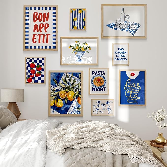 Kitchen Wall Decor Framed Wall Art Prints Set of 10 Natural Oak, Framed Food Prints, Pasta & Lemon Wall Art for Dining Room or Kitchen Decoration, Blue & Yellow Artwork with Mediterranean Decor