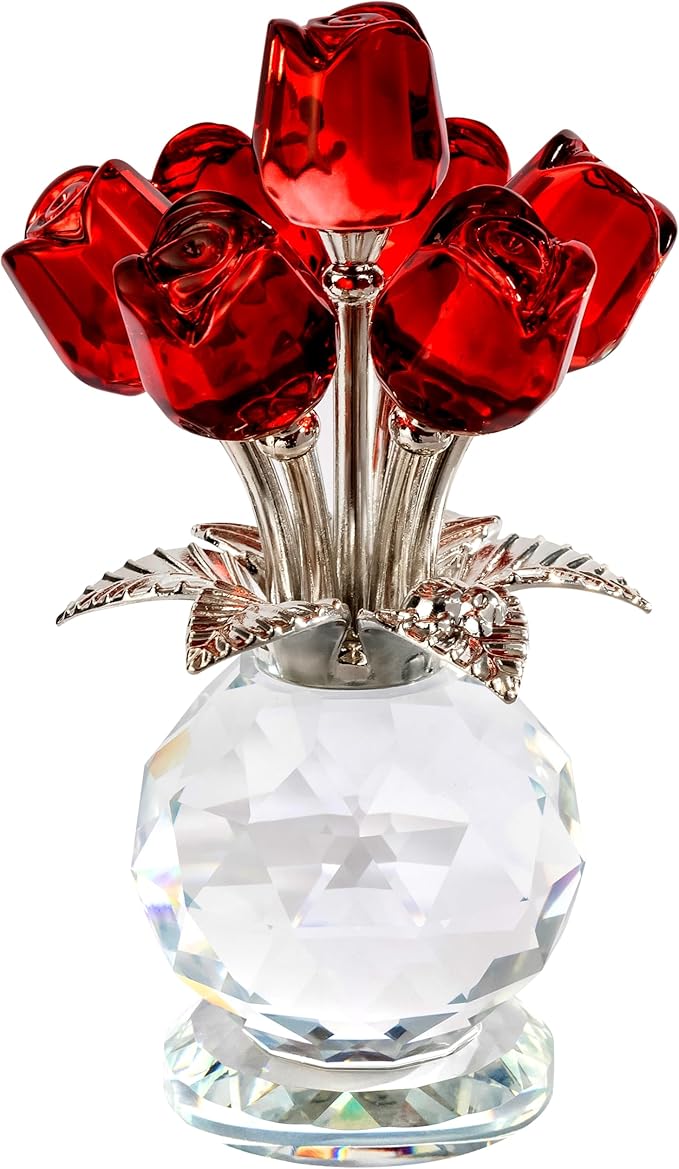 Crystal Red Rose Flower Collectible Figurine with Base Glass Rose Figurine Decor Paperweight Gift for Women Mom