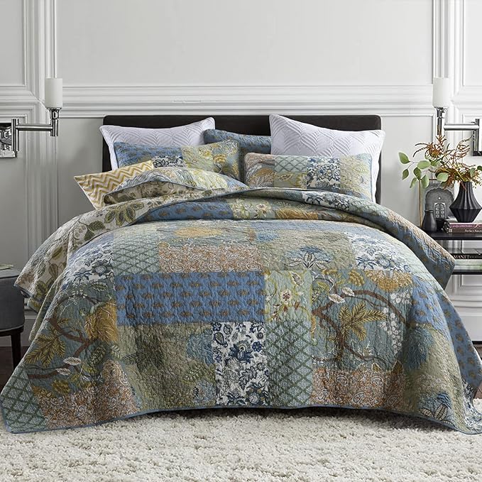Secgo Twin Size Quilt Size - 100% Cotton Comforter Set Bedding Sets (68 * 86 Inch) with 2 Pillow Shams, Patchwork Reversible Lightweight Bedspread