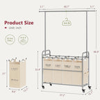 Tajsoon Laundry Hamper with Hanging Rack, Laundry Sorter 4 Sections, 4 Basket Butler with Lockable Wheels and Removable Bag, Rolling Laundry Cart for Bedroom, Beige