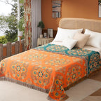 Boho Throw Blanket Queen Size, Oversized Soft Cozy Cotton Muslin Quilt Blanket for Bed Decor, Floral Patterned Couch Sofa Chair Cover, Vintage Farmhouse Cottage Woven Blanket, Orange&Green