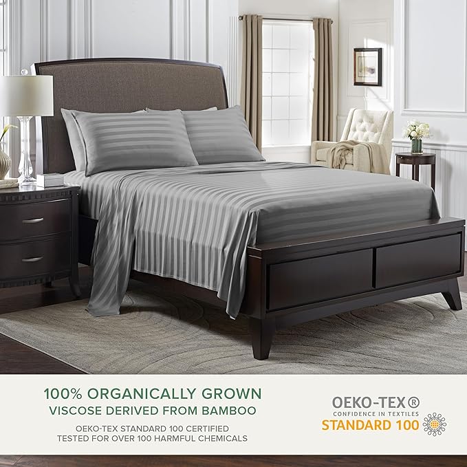 California King Sheets by Pure Bamboo, Genuine 100% Organic Viscose Derived from Bamboo Bed Sheet Set, Soft & Cooling, Double Stitching, Lifetime Quality Promise (California King, Jacquard Stone)