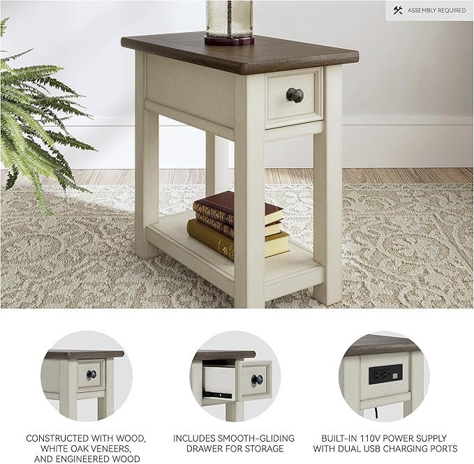 Signature Design by Ashley Bolanburg | Farmhouse Chair-Side End Table – USB Charging Ports, Drawer, Two-Tone Light Brown & Whitewash