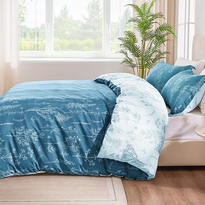 Love's cabin Mineral Blue Twin Comforter Set - Twin XL Size Comforter Set Dorm Bedding, 2 Pieces Cute Floral Bedding, Soft Reversible Flowers Comforter, 1 Comforter & 1 Pillow Sham