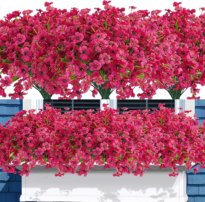 Uieke 72 Bundles Artificial Fake Flowers Outdoor UV Resistant Faux Plants Plastic Cemetery Flowers No Fade Outside Home Garden Porch Window Box Summer Décor -Rose Red