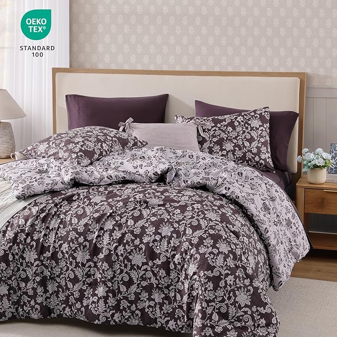 Full Comforter Set -7 Pieces Floral Dark Purple Comforter Set for All Seasons, Bed in a Bag Full with Botanical Flowers Comforter, Sheets, Pillowcases & Shams