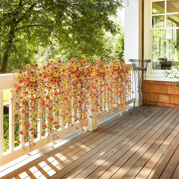 Artificial Fake Hanging Fall Flowers for Outdoor Decoration,2 Pcs Fake Silk Plant Daisy Realistic UV Resistant for Home Indoor Porch Patio Wall Balcony Yard(Orange Yellow)