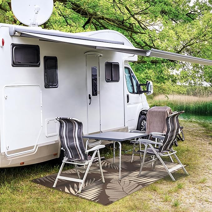 GENIMO Outdoor Rug 3' x 5' Waterproof for Patios Clearance, Reversible Outdoor Plastic Straw Camping Rug Carpet, Large Area Rugs Mats for RV, Camper, Deck, Balcony, Porch, Beach, Coffee&Beige