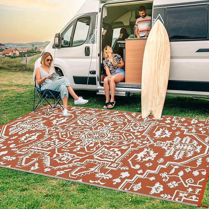 Outdoor Rug 9x12 Waterproof Reversible Plastic Straw Patio Rug, Stain-Resistant Vintage Medallion Carpet, Large Easy-Cleaning Indoor Outdoor RV Mat for Deck, Camping, Balcony, Terracotta Brick/White