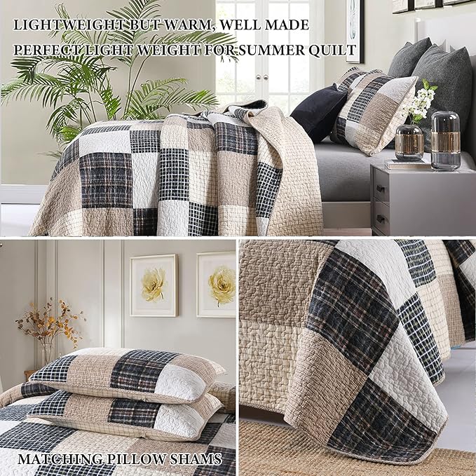Y-PLWOMEN Quilts Queen Size, 100% Cotton Queen Quilt Set, Brown Khaki Black White Patchwork Plaid Queen Size Bedspread, Lightweight Reversible Soft Summer Quilt Bedding Set, 3-Pieces
