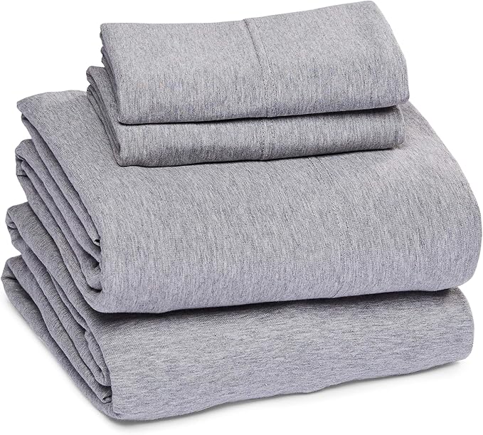 Amazon Basics 4 Piece Bed Sheets Set, 100% Cotton Jersey, Includes Super Soft, Flat and Fitted Sheets, Pillowcase, King, Light Gray, Solid