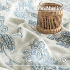 Boho Throw Blanket Full Size, Extra Large Soft Cozy Cotton Muslin Quilt Blanket for Bed Decor, Floral Patterned Couch Sofa Chair Cover, Vintage Farmhouse Cottage Woven Blanket, Blue&White