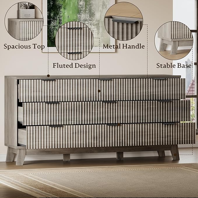 63" Long Dresser for Bedroom, 9-Drawer Fluted Dresser, Extra-Wide Wood Chest of Drawers with Smooth Metal Slides, Stable Base, Modern Clothes Storage Cabinet for Living Room, Hallway, Nursery