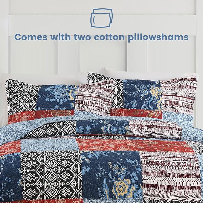 Secgo California King Comforter Set for Bed - 100% Cotton Quilts Cal King Size, Black Bedspreads (120 * 110 Inch) with 2 Pillow Shams, Patchwork Reversible Lightweight Bedding