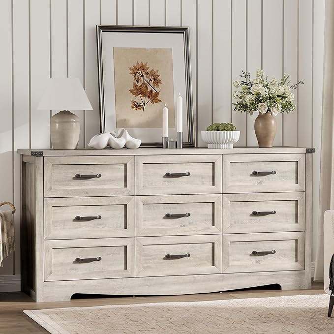 Dresser for Bedroom with 9 Drawers, 59" Wide Wood Chest of Drawers with Deep Drawers & Mental Handle, Modern Dresser TV Stand, Wooden Closet Storage Organizer for Living Room, Hallway, Entryway, Grey