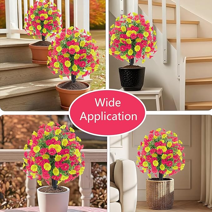 22.8" Set of 2 Fall artificial Boxwood topiary Ball tree for outdoors with Spike,UV Resistant Faux Shrubs Outdoor with morning glory flowers,Faux Plants Bushes for Garden Porch Yard Patio Decor YR