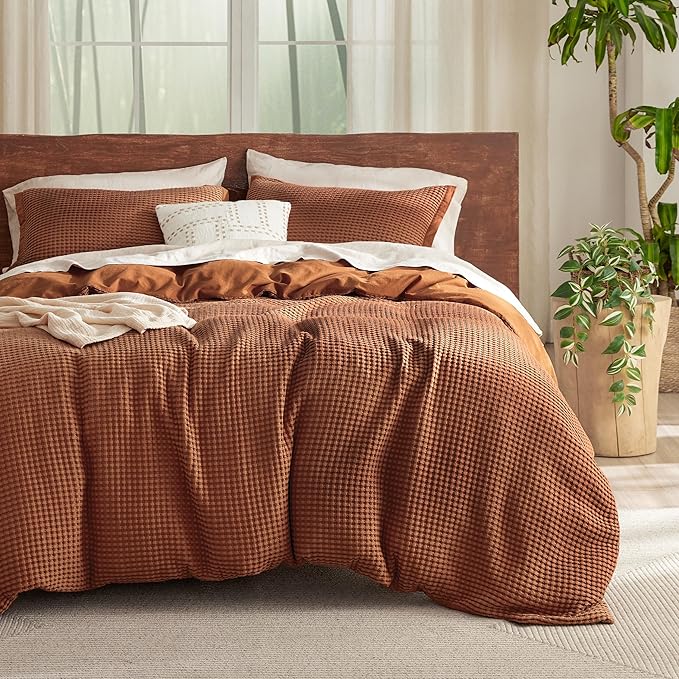 Bedsure Cooling Waffle Duvet Cover Queen - Cotton Blend Rayon Derived from Bamboo Duvet Cover Set for Hot Sleepers, Breathable Bedding Set With a Vintage Charm, 3 Pieces (Burnt Orange, Queen, 90"x90")