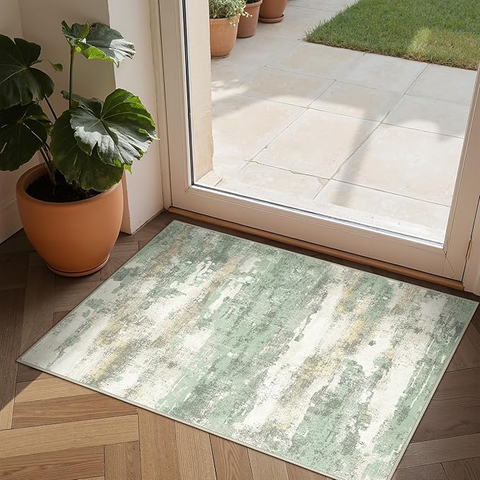 29"x17" Rugs for Entryway Entrance Kitchen Bathroom, Machine Washable Modern Abstract Soft Area Rug, Low Pile Indoor Floor Carpet with Non Slip Backing, Light Green