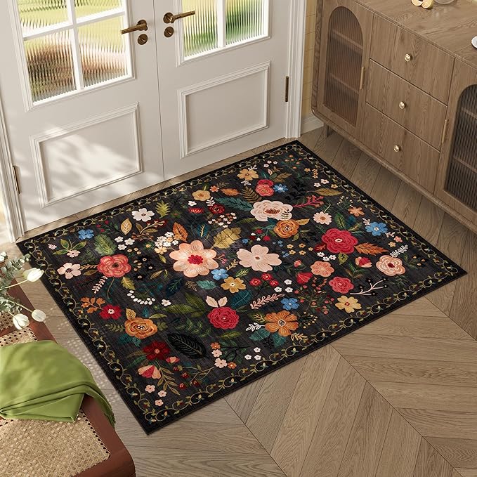Door Mat Indoor Entrance 2x3 Rug Machine Washable Boho Floral Small Area Rug Non-Slip Low Pile Throw Rugs for Entryway, Kitchen, Front Door Indoor Entrance, Entry, Kids Room (Black)